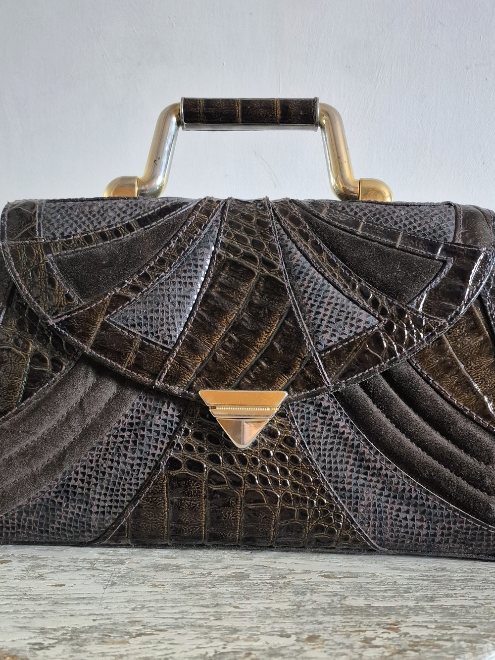 Vintage Guenine Leather Elegant Dark Brown Textured Top-Handle Women's Bag